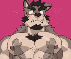 1boy abs animal_ears animated animated_gif bara blush bouncing_pecs brown_fur chest_hair chest_tuft disembodied_hand dog_boy dog_ears facial_hair furry furry_male goatee groping huge_eyebrows large_pectorals lveink male_focus mature_male muscular muscular_male mutton_chops nipples nude original pectorals short_hair single_ear_down solo_focus squeans tusks two-tone_fur upper_body waking_up