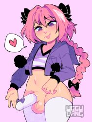 1boy astolfo_(fate) astolfo_(memories_at_trifas)_(fate) black_bow bottomless bow braid breast_pocket cowboy_shot crop_top cropped_jacket cropped_shirt erection fang fate/apocrypha fate_(series) hair_bow hair_intakes heart highres hood hooded_jacket jacket long_braid long_hair looking_at_penis looking_at_self looking_down male_focus multicolored_hair navel official_alternate_costume open_mouth penis penis_sheath pink_hair pocket pom_pom_(clothes) purple_eyes purple_jacket shirt single_braid skin_fang smile solo speech_bubble spoken_heart streaked_hair striped_clothes striped_shirt testicles thighhighs trap uggu_bang v-neck white_thighhighs