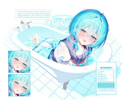 Rule 34 | 1girl, :d, all fours, back bow, barefoot, bathing, blue bow, blue eyes, blue hair, blue sailor collar, blush, bow, collarbone, commentary request, hair between eyes, highres, in bathtub, in water, kumo tabetai, long hair, looking at viewer, multiple views, open mouth, original, sailor collar, school uniform, serafuku, shirt, short sleeves, smile, white background, white shirt, yotsuna (satome guy)