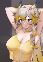 1girl absurdres alternate_breast_size arknights armpits arms_behind_head blonde_hair blue_hair blush braid breasts camisole chinese_commentary choker cleavage colored_tips commentary_request dishui_tangni dragon_horns flower green_eyes grey_hair hair_flower hair_intakes hair_ornament highres horns large_breasts long_hair looking_down multicolored_hair open_mouth pointy_ears presenting_armpit red_pupils see-through_clothes see-through_shirt shiny_skin shirt shu_(arknights) shu_(spring_feast)_(arknights) single_braid solo standing sweat tongue upper_body very_long_hair yellow_camisole yellow_choker yellow_shirt