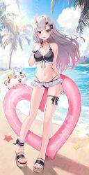 1girl alternate_costume beach bikini black_bikini black_bow blue_sky blush bow breasts cleavage cloud commentary_request cowboy_shot cross-laced_bikini cross-laced_clothes day fang floating_hair frilled_bikini frilled_wrist_cuffs frills front-tie_bikini_top front-tie_top full_body gluteal_fold gradient_hair grey_hair hair_between_eyes hair_between_horns hair_bow halterneck hand_up heart-shaped_innertube highleg highleg_bikini highres holding holding_swim_ring hololive horns innertube long_hair looking_at_viewer medium_breasts multi-strapped_bikini_bottom multicolored_hair nakiri_ayame navel ocean oni open_mouth outdoors poyoyo_(nakiri_ayame) red_eyes red_hair sandals skin-covered_horns skin_fang sky solo standing straight-on streaked_hair swim_ring swimsuit toes tyabesu very_long_hair virtual_youtuber wrist_cuffs