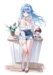 1girl absurdres antenna_hair bare_shoulders blue_eyes blue_gemstone blue_hair blue_nails breasts brown_sandals butterfly_ornament character_doll cleavage collarbone commander_(nikke) commentary compass denim denim_skirt desk detached_sleeves doll english_commentary floating_hair frilled_shirt frills full_body gem goddess_of_victory:_nikke hair_between_eyes hair_intakes hair_ornament hairband hand_on_own_thigh hand_up heart heart_necklace helm_(nikke) highres hourglass jewelry large_breasts long_hair looking_at_viewer nail_polish necklace on_desk picture_frame plant platform_sandals potted_plant sandals shirt shirt_tucked_in simple_background sitting skirt smile solo thighs uyuri_(89976220) very_long_hair white_background white_hairband white_shirt wooden_floor