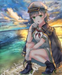 1girl beach black_hair blue_sky cloud cloudy_sky green_eyes highres kneeling looking_at_viewer morning murasa_minamitsu ocean open_mouth sand scenery sctm_o0 shore short_hair sky sunlight sunrise touhou