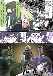 ! ... 2girls 3boys ^_^ ahoge androgynous aqua_hair arm_belt bad_singing belt black_hat black_jacket black_mask black_scarf blazer blonde_hair bow chabashira_tenko chain checkered_clothes checkered_scarf choker closed_eyes closed_mouth collared_jacket collared_shirt commentary_request covered_mouth covering_own_ears danganronpa_(series) danganronpa_v3:_killing_harmony emphasis_lines fleeing from_behind gakuran gloom_(expression) green_bow green_hat green_jacket hair_between_eyes hair_bow hair_over_shoulder hand_up hat height_difference highres jacket k1-b0 lapels long_hair long_sleeves male_focus mask mouth_mask multiple_boys multiple_girls multiple_views music musical_note notched_lapels oma_kokichi open_mouth pain parted_lips peaked_cap purple_eyes purple_hair sailor_collar scarf school_uniform shachoo_(poco_poco) shinguji_korekiyo shirt short_hair singing smile smirk speech_bubble spoken_ellipsis spoken_exclamation_mark spoken_musical_note straight_hair sweatdrop swept_bangs talking teeth translation_request turn_pale two-tone_scarf upper_teeth_only very_long_hair white_belt white_jacket white_scarf white_shirt wide-eyed witch_hat yumeno_himiko zipper zipper_pull_tab