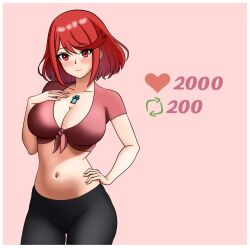 1girl blush breasts cleavage hand_on_own_chest hand_on_own_hip highres large_breasts leggings legs looking_at_viewer mcarthur1010 midriff navel pyra_(xenoblade) red_eyes red_hair shirt short_hair smile solo strip_game thighs tied_shirt xenoblade_chronicles_(series) xenoblade_chronicles_2