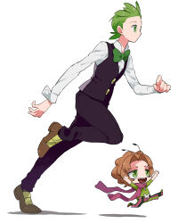 2boys antennae black_pants bow bowtie brown_hair brown_shoes burgh_(pokemon) cilan_(pokemon) full_body green_bow green_bowtie green_hair long_sleeves male_focus mini_person miniboy miyawaki multiple_boys nintendo pants pokemon pokemon_bw running shoes short_hair simple_background size_difference vest white_background