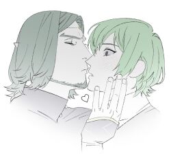 2boys 53t3th arm_up beard blush male_byleth_(fire_emblem) collared_shirt ear_blush facial_hair fire_emblem fire_emblem:_three_houses forked_eyebrows green_hair hand_on_another&#039;s_face heart imminent_kiss long_sleeves male_focus multiple_boys nintendo parted_lips pointy_ears profile seteth_(fire_emblem) shirt simple_background sleeves_past_wrists upper_body white_background yaoi