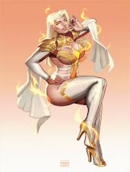 Rule 34 | 1girl, blank eyes, blonde hair, boots, emma frost, emma frost (phoenix diamond), fire, full body, gradient background, hand on own hip, high heel boots, high heels, highres, marvel, marvel rivals, official alternate costume, orange background, pepedraws, solo, thigh boots, two-tone background, white background, white boots