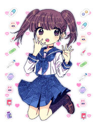 1girl bad_id bad_pixiv_id bandaid black_socks blue_neckerchief blue_skirt brown_eyes brown_hair brown_shoes choker earrings eyelashes heart heart_choker jewelry loafers looking_at_viewer neckerchief open_mouth original pasikon pill pleated_skirt school_uniform shirt shoes skirt socks solo syringe twintails white_shirt