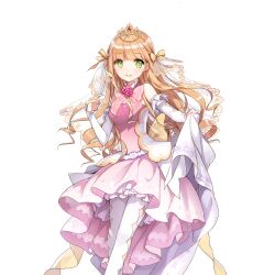 1girl blonde_hair blunt_bangs bow bowtie choker clothes_lift dress frilled_choker frilled_dress frills green_eyes lina_princella long_hair multicolored_dress off-shoulder_dress off_shoulder pantyhose pink_bow pink_bowtie pink_dress salt_(salty) uchi_no_hime-sama_ga_ichiban_kawaii very_long_hair white_dress white_pantyhose