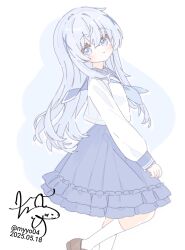1girl :t blue_eyes blue_hair blue_neckerchief blue_sailor_collar blue_skirt chame_(myyo04) child closed_mouth dated feet_out_of_frame frilled_skirt frills from_side gochuumon_wa_usagi_desu_ka? hair_ornament kafuu_chino long_hair long_sleeves looking_at_viewer neckerchief sailor_collar school_uniform shirt signature simple_background skirt smile socks solo white_background white_shirt white_socks x_hair_ornament