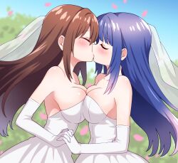 Rule 34 | 2girls, bare shoulders, blush, breast press, breasts, bridal veil, bride, brown hair, cleavage, closed eyes, commentary, copyright request, day, dress, elbow gloves, falling petals, female focus, gloves, highres, kiss, large breasts, ma tsukasa, multiple girls, outdoors, petals, purple hair, strapless, strapless dress, symmetrical docking, veil, wedding dress, white dress, white gloves, wife and wife, yuri
