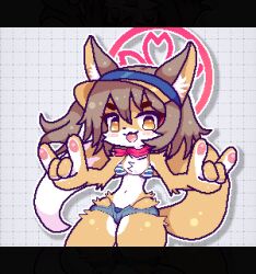 1girl :3 animal_ear_fluff animal_ears bikini blue_archive blue_bikini blue_shorts brown_hair denim denim_shorts fang fox_ears fox_girl fox_shadow_puppet fox_tail furrification furry furry_female halo highres izuna_(blue_archive) izuna_(swimsuit)_(blue_archive) jaggy_lines looking_at_viewer navel open_mouth pink_halo short_hair shorts solo striped_bikini striped_clothes swimsuit tail thejunebug visor_cap yellow_eyes