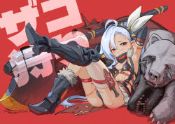 1girl ahoge animal armor armored_boots armpits arms_behind_head arms_up ass axe battle_axe belt bikini black_gloves black_shoes blue_hair blush bodypaint boots breasts closed_mouth collar dagger dark-skinned_female dark_skin elbow_gloves fang fur-trimmed_boots fur_collar fur_trim gloves greaves hair_between_eyes high_heels highres holding holding_axe knee_boots knee_up knife knife_sheath leg_up long_hair looking_at_viewer navel o-ring original pointy_ears ponytail red_background red_eyes revealing_clothes seigetsu_kotaku sheath sheathed shoes simple_background single_thighhigh sitting skin_fang small_breasts smile smug solo spiked_collar spikes swimsuit tattoo thigh_strap thighhighs thighhighs_under_boots underwear very_long_hair weapon