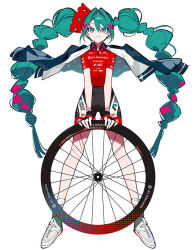 1girl :3 aqua_eyes aqua_hair bike_shorts black_gloves black_shorts blue_jacket braid fingerless_gloves gloves goodsmile_racing hair_intakes hair_ornament hatsune_miku holding jacket jacket_on_shoulders long_hair looking_at_viewer mochizuki_kei official_art pink_hair racing_miku racing_miku_(2025) red_shirt second-party_source shirt short_sleeves shorts simple_background skin_tight smile solo spotted_hair straight-on twin_braids very_long_hair vocaloid wheel white_background white_sneakers