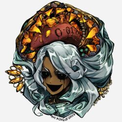 1girl black_mouth black_sclera colored_sclera gem gold grey_hair king_of_greed lobotomy_corporation long_hair looking_at_viewer monster open_mouth parted_bangs project_moon simple_background smile solo tongue tongue_out very_long_hair white_background white_eyes yatsumeunagi yellow_gemstone