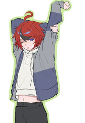 1boy :o ahoge arms_up black_pants black_streaks blue_eyes chinese_commentary cowboy_shot green_outline grey_jacket highres hood hoodie jacket jacket_over_hoodie male_focus midriff_peek multicolored_hair multicolored_jacket navel one_eye_closed outline pants red_hair short_hair simple_background sketch solo streaked_hair stretching sumino_takumi teeth the_hundred_line_-last_defense_academy- two-tone_jacket upper_teeth_only white_hoodie yangyangyangyangyang740