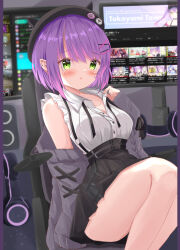 1girl absurdres black_skirt blush chair colored_inner_hair commentary_request computer ear_piercing fake_horns frilled_shirt frills gaming_chair green_eyes hair_ornament hairclip hat hat_pin headphones highres hololive horns jirai_kei kanti15 livestream looking_at_viewer multicolored_hair official_alternate_costume partial_commentary piercing purple_hair shirt skirt solo speaker streaked_hair swivel_chair thighs tokoyami_towa tokoyami_towa_(jirai_kei) virtual_youtuber white_shirt