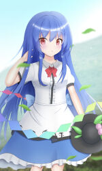 1girl absurdres black_hat blue_hair blue_skirt blue_sky bow bowtie collared_shirt commentary_request food frilled_skirt frills fruit hand_in_own_hair hat highres hinanawi_tenshi hyakuya_iori leaf long_hair looking_at_viewer open_mouth outdoors peach red_bow red_bowtie red_eyes shirt short_sleeves skirt sky solo touhou unworn_headwear