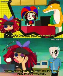 1990s_(style) 1boy 3girls asymmetrical_gloves blue_eyes blue_gloves blush_stickers brenni_murasaki brown_hair colored_skin drunk gangle_(the_amazing_digital_circus) gloves gummigoo hat highres jester jester_cap mismatched_gloves multicolored_eyes multiple_girls pomni_(the_amazing_digital_circus) puffy_sleeves ragatha_(the_amazing_digital_circus) red_eyes red_gloves retro_artstyle scene_reference striped_clothes striped_headwear the_amazing_digital_circus two-tone_eyes