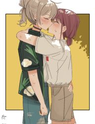 2girls arms_around_neck black_choker black_shirt blue_pants blush border choker closed_eyes commentary_request corrupted_twitter_file denim ear_blush earclip floral_print girls_band_cry grey_hair grey_shorts haidao_mao hand_on_another&#039;s_waist highres iseri_nina jeans kawaragi_momoka kiss multiple_girls outdoors outside_border pants print_shirt red_hair shirt short_sleeves short_twintails shorts sweat twintails white_border white_shirt yuri