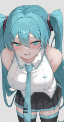 1girl aqua_eyes aqua_hair aqua_necktie arms_behind_back bare_arms bare_shoulders black_skirt black_thighhighs breasts cowboy_shot eikawa_suru hatsune_miku highres large_breasts long_hair looking_at_viewer necktie out_of_frame shirt simple_background skirt smirk solo thighhighs twintails upper_body very_long_hair vocaloid white_shirt