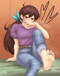 1girl absurdres ahoge aubrey_(faraway)_(omori) aubrey_(omori) barefoot blue_pants blush brown_hair cabronpr denim feet hair_ribbon highres jeans long_hair looking_at_viewer mari_(faraway)_(omori) mari_(omori) omori pants ponytail purple_shirt ribbon shirt sitting smile soles solo smelly_feet sweat toes