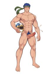 Rule 34 | 1boy, abs, american football helmet, bara, blue hair, closed eyes, commentary, commission, completely nude, cum, ejaculation, erection, fire emblem, fire emblem: radiant dawn, full body, geckobara, green headband, handsfree ejaculation, headband, helmet, highres, holding, holding helmet, ike (fire emblem), large pectorals, male focus, male pubic hair, navel, nintendo, nipples, nude, pectorals, penis, pubic hair, short hair, simple background, solo, testicles, thighs, variant set, white background