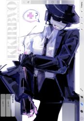 1boy black_gloves black_hat black_jacket black_necktie black_pants blood chance_(forsaken) collared_shirt colored_skin cross forsaken_(roblox) gloves grey_skin hat headphones highres injury jacket kirbo lapels necktie notched_lapels pants red_cross roblox shirt simple_background sitting solo speech_bubble white_background white_shirt