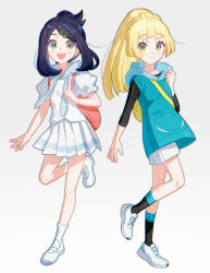 2girls absurdres black_hair blonde_hair blue_eyes blue_hoodie blunt_bangs blush braid closed_mouth cosplay costume_switch cowlick dress eyelashes fua1heyvot4ifsr green_eyes hair_ornament hairclip high_ponytail highres hood hoodie liko_(pokemon) liko_(pokemon)_(cosplay) lillie_(pokemon) lillie_(pokemon)_(cosplay) long_hair looking_at_viewer multicolored_hair multiple_girls nintendo open_mouth pokemon pokemon_(anime) pokemon_horizons pokemon_sm ponytail ponytail_with_braided_base shirt shoes short_hair shorts simple_background skirt smile white_background white_shirt white_shoes white_shorts white_skirt