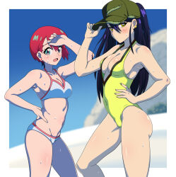 Rule 34 | amate yuzuriha, aqua eyes, baseball cap, bikini, black hair, blue sky, blurry, breasts, casual one-piece swimsuit, cleavage, commentary request, covered navel, day, depth of field, feet out of frame, green hat, gundam, gundam gquuuuuux, hand on own hip, hat, kani club, long hair, medium breasts, nyaan (gundam gquuuuuux), one-piece swimsuit, outdoors, ponytail, red hair, short hair, sky, swimsuit, white bikini, yellow eyes, yellow one-piece swimsuit