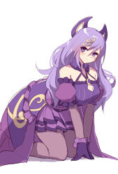 Rule 34 | 1girl, absurdres, bare shoulders, blush, breasts, cleavage, cleavage cutout, closed mouth, clothing cutout, collarbone, dress, duel monster, fortissimo, frilled dress, frilled skirt, frills, gloves, hair between eyes, hair ornament, highres, idol, idol clothes, kanzakietc, kneeling, large breasts, long hair, looking at viewer, musical note, musical note hair ornament, purple dress, purple eyes, purple gloves, purple hair, simple background, skirt, solo, solsolfachord gracia, white background, yu-gi-oh!