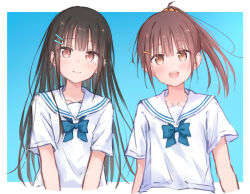 Rule 34 | 2girls, black hair, blue background, blue bow, blue bowtie, blush, bow, bowtie, breasts, brown eyes, brown hair, closed mouth, hair ornament, hairclip, kutatsu (kutatsu7), long hair, looking at viewer, mole, mole under eye, multiple girls, open mouth, original, ponytail, sailor collar, school uniform, shirt, short sleeves, simple background, small breasts, smile, upper body, white sailor collar, yuki (kutatsu)