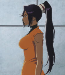 Rule 34 | 1girl, anime screenshot, bare arms, bleach, bleach: sennen kessen-hen, blurry, breasts, closed mouth, clothes, dark-skinned female, dark skin, female focus, from side, frown, hair ornament, highres, large breasts, long hair, looking ahead, looking at another, official art, parted bangs, ponytail, purple hair, shihouin yoruichi, shiny clothes, shiny skin, sideboob, sleeveless, solo, solo focus, standing, studio pierrot, toned, torn clothes, torn sleeves, upper body, yellow eyes