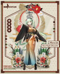 1girl bamboo black_bow black_haori black_hat blush boots bow breasts brown_boots bullet_hole character_name cleavage closed_mouth commentary copyright_name english_commentary floral_print floral_print_kimono flower full_body girls&#039;_frontline green_eyes green_hair hair_between_eyes hair_ribbon hand_on_own_hip haori hat highres japanese_clothes kadomatsu kimono lace-up_boots large_breasts long_hair long_sleeves looking_at_viewer magazine_(weapon) micro_uzi_(girls&#039;_frontline) micro_uzi_(new_maple_silhouette)_(girls&#039;_frontline) obi official_alternate_costume official_art outstretched_arm pouch print_kimono red_flower red_ribbon renlili ribbon sash scarf second-party_source shell_casing smile solo sparkle standing translation_request twintails v very_long_hair white_scarf yellow_kimono yellow_sash