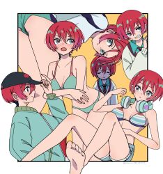 1girl amate_yuzuriha aqua_eyes aqua_shirt artist_name ass bare_shoulders barefoot baseball_cap bent_over bhachi88888888 bikini bikini_top_only black_hat blush border breasts closed_mouth collared_shirt commentary denim denim_shorts feet gundam gundam_gquuuuuux hat headphones headphones_around_neck highres long_sleeves medium_breasts multiple_views open_mouth outside_border parted_lips red_hair school_uniform shirt short_hair shorts soles sweatdrop sweater swimsuit teeth twitter_username underwear underwear_only white_border yellow_background
