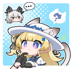 ... 2girls black_bow black_gloves black_horns blonde_hair border bow cat_tail chibi chibi_only commentary_request curled_horns dog-san ears_through_headwear gloves hair_bow hat highres horns kemonomimi_mode long_hair multiple_girls phoebe_(wuthering_waves) purple_eyes spoken_ellipsis striped_bow tail white_border white_hat wuthering_waves zani_(wuthering_waves)