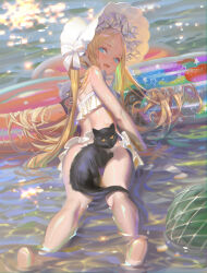 Rule 34 | 1girl, abigail williams (fate), abigail williams (swimsuit foreigner) (fate), abigail williams (swimsuit foreigner) (third ascension) (fate), absurdres, alphonse (white datura), ass, bad id, bad pixiv id, barefoot, bikini, black cat, blonde hair, blue eyes, blush, bonnet, bow, cat, commentary, convenient censoring, dated, day, fate/grand order, fate (series), forehead, hair bow, highres, innertube, long hair, looking at viewer, looking back, outdoors, parted bangs, swim ring, swimsuit, twintails, very long hair, water, wet, white bikini, white bow