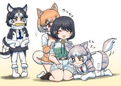 3girls 4girls :3 afterimage animal_ears black_fur black_hair black_jacket black_pantyhose black_skirt blue_eyes blush boots brown_gloves brown_hair brown_shorts brown_vest captain_(kemono_friends) closed_eyes dog_(mixed_breed)_(kemono_friends) dog_(shiba_inu)_(kemono_friends) dog_ears dog_girl dog_tail elbow_gloves extra_ears frisbee fur_trim gloves green_shirt grey_hair grey_jacket grey_pantyhose grey_shorts grey_skirt hair_between_eyes harness heterochromia highres jacket kemono_friends kemono_friends_3 multicolored_hair multicolored_jacket multiple_girls open_clothes open_jacket panties pantyhose pleated_skirt safari_jacket scarf seiza shinkaisoku shirt shoes short_hair short_sleeves shorts siberian_husky_(kemono_friends) sidelocks sitting skirt smelling sweatdrop sweater t-shirt tail tail_wagging two-tone_hair two-tone_jacket two-tone_pantyhose underwear vest white_boots white_fur white_gloves white_hair white_jacket white_panties white_scarf white_shirt white_shoes white_sweater yellow_eyes
