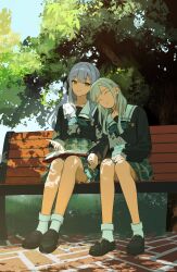 Rule 34 | 2girls, artist request, bang dream!, bang dream! it&#039;s mygo!!!!!, bench, black shirt, blue hair, blue skirt, book, chinese commentary, closed eyes, closed mouth, commentary request, commission, day, full body, grass, green hair, green skirt, hair ornament, hair ribbon, hairclip, highres, holding hands, leaning on person, loafers, long hair, long sleeves, looking at another, multiple girls, on bench, open book, outdoors, park bench, plaid clothes, plaid skirt, ribbon, school uniform, second-party source, shirt, shoes, sidelocks, sitting, skirt, sleeping, sleeping on person, sleeping upright, smile, socks, togawa sakiko, tree, tree shade, tsukinomori school uniform, wakaba mutsumi, white socks, winter uniform