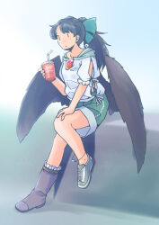 Rule 34 | 1girl, alternate costume, alternate hairstyle, anklet, asymmetrical footwear, black hair, black wings, blush, boots, cup, disposable cup, drinking straw, fallout, gradient background, green ribbon, green shorts, grey background, grey boots, hand on own thigh, jewelry, long hair, nuka cola, orb, ponytail, rangycrow, red eyes, ribbon, shirt, shoes, short sleeves, shorts, sitting, sneakers, solo, touhou, white background, white shirt, wings, | |