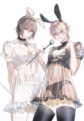 2boys animal_ears black_panties blonde_hair brown_hair cleavage_cutout clothing_cutout collar crossdressing fake_animal_ears frills green_eyes heart_cutout highres holding looking_at_viewer male_focus male_playboy_bunny multiple_boys navel original panties purple_eyes rabbit_ears see-through_clothes short_hair short_sleeves simple_background smile thighhighs trap underwear white_background yinzinmiemie