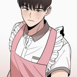 Rule 34 | 1boy, apron, black hair, blush, dokyung cha, grey eyes, maid apron, nervous, shirt, source request, vampire heart, white shirt