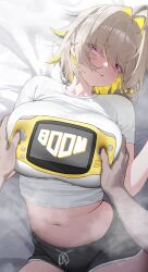 1boy 1girl absurdres ahoge black_shorts blonde_hair breasts commentary elegg_(nikke) fang game_controller_nipples_(meme) goddess_of_victory:_nikke grabbing_another&#039;s_breast grey_hair groping hair_between_eyes hetero highres large_breasts lying meme midriff multicolored_hair navel nikku_nana on_back purple_eyes shirt short_sleeves shorts smile solo_focus symbol-only_commentary t-shirt two-tone_hair veins