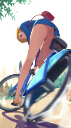 1girl 2others ass bag bare_legs bicycle blonde_hair blue_jacket blue_skirt branch building day formal_clothes from_behind from_below hair_over_one_eye high_heels highres jacket legs long_sleeves miniskirt motion_blur multiple_others office_lady original outdoors panties pantyshot pink_shoes pumps red_bag red_eyes riding riding_bicycle sekoshi_(some1else45) shadow shoes short_hair shoulder_bag skirt skirt_suit some1else45 suit underwear upskirt white_panties