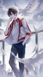 Rule 34 | 1boy, aguaaaaaa, animal, bird, black hair, black pants, blurry, brown eyes, building, chinese commentary, cigarette, cloud, cloudy sky, collared shirt, day, depth of field, dove, feathers, feet out of frame, finger to mouth, hair between eyes, hand in pocket, hand up, highres, holding, holding cigarette, jacket, light particles, long sleeves, looking at viewer, male focus, multicolored jacket, open clothes, open jacket, outdoors, pants, quan zhi gao shou, railing, red jacket, shirt, short hair, sky, sleeves rolled up, smoke, smoking, solo, standing, white feathers, white jacket, white shirt, wind, ye xiu