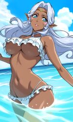 1girl absurdres bikini blue_eyes breasts circlet cloud commentary commission dark-skinned_female dark_skin day english_commentary facial_mark frilled_bikini frills highres large_breasts long_hair looking_at_viewer navel ocean parted_lips pointy_ears princess_allura shiny_skin skindentation smile solo standing swimsuit underboob voltron:_legendary_defender voltron_(series) wading water white_bikini white_hair zantyarz