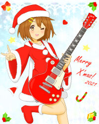 1girl 2021 bare_legs bell boots breasts brown_eyes brown_hair christmas collarbone dated dress english_text female_focus guitar hair_between_eyes hair_ornament hairclip hat heart_(symbol) hirasawa_yui instrument jophiel k-on! long_sleeves looking_at_viewer merry_christmas one_eye_closed open_mouth pom_pom_(clothes) santa_boots santa_costume santa_dress santa_hat short_hair small_breasts solo standing standing_on_one_leg teeth v