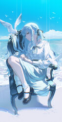1girl absurdres ankle_socks armchair bang_dream! bang_dream!_it&#039;s_mygo!!!!! beach bird black_ribbon black_shoes blue_hair blue_skirt blue_sky buttons chair chromatic_aberration cloud collarbone commentary day facing_to_the_side flock frilled_socks frills from_side full_body grey_eyes hair_flowing_over hair_ribbon hair_spread_out hands_on_own_legs highres knees_up legs_together lettereast long_hair long_sidelocks long_sleeves looking_at_viewer mary_janes medium_skirt neck_ribbon ocean on_chair one_side_up outdoors parted_lips profile puffy_long_sleeves puffy_sleeves ribbon rounded_collar sand seagull shirt shoes shore sidelighting sidelocks sideways_glance sideways_sitting_pose_(han-0v0) single_sidelock sitting sitting_sideways skirt sky socks solo sparkle togawa_sakiko very_long_hair white_shirt white_socks