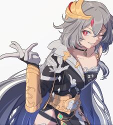 1girl ;d black_choker black_dress black_hair china_dress chinese_clothes choker dress fopasu gloves grin hair_ornament herrscher_of_sentience honkai_(series) honkai_impact_3rd long_hair looking_at_viewer one_eye_closed open_mouth simple_background smile solo teeth very_long_hair white_background white_gloves